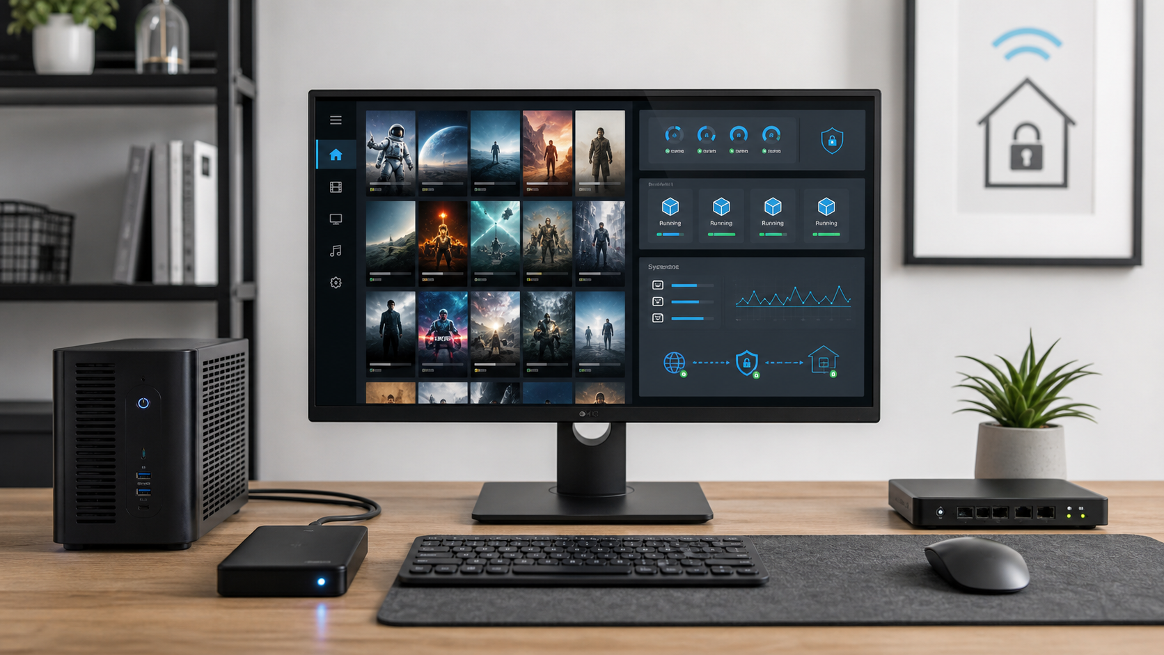 Concept image representing a self-hosted home media server and container dashboard