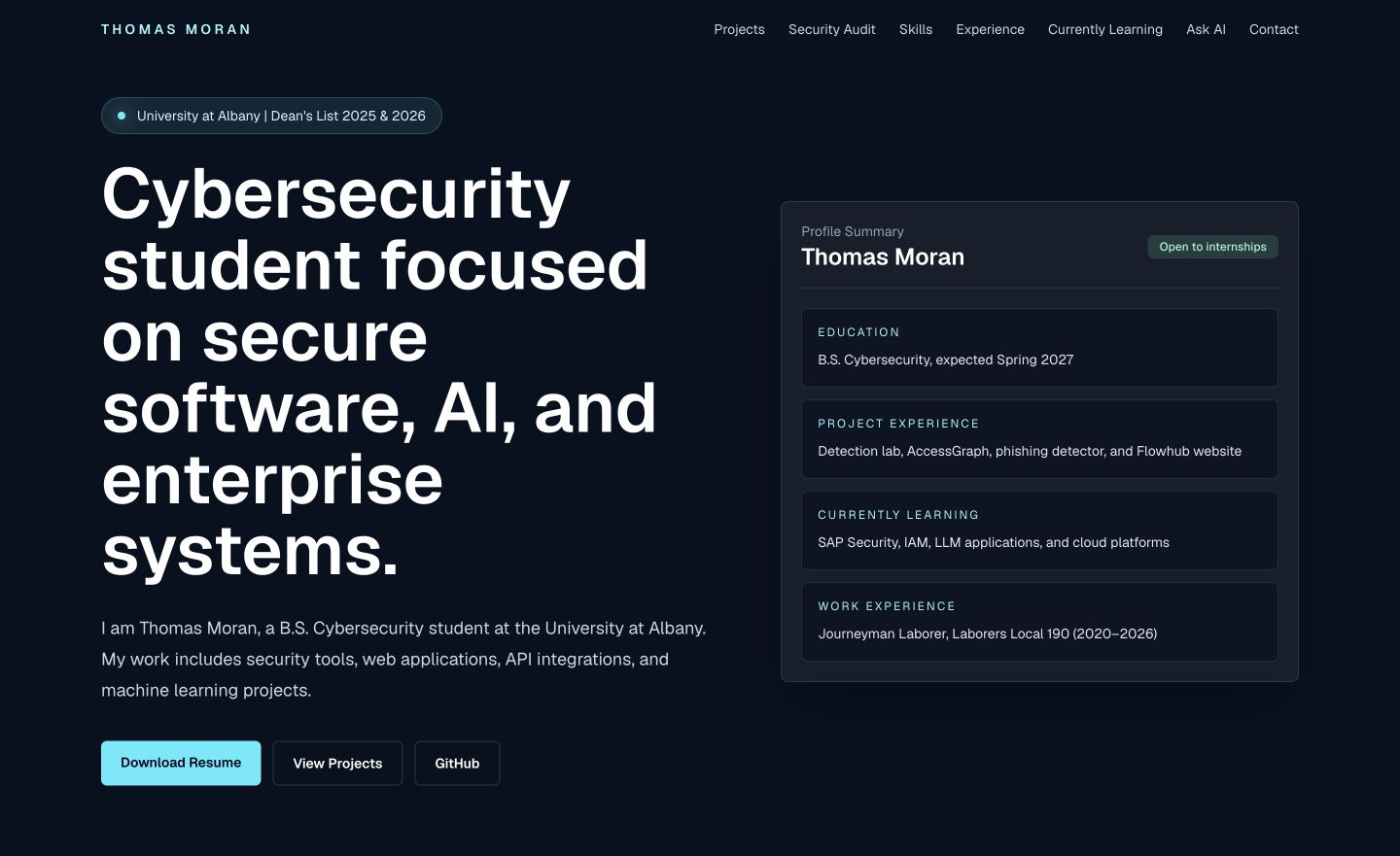 Thomas Moran cybersecurity portfolio homepage